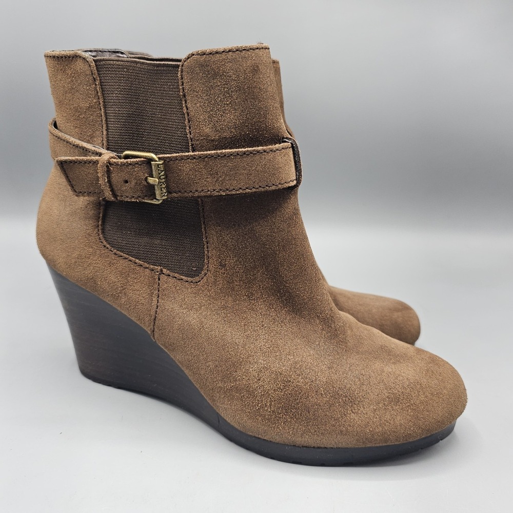 Lauren Ralph Lauren Yasline Suede Leather Wedge Chunky Ankle Booties Size 8B